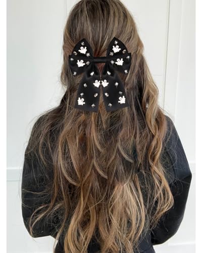 NVENF Large Halloween Hair Bows Rhinestone Spooky Ghost Black Ribbons