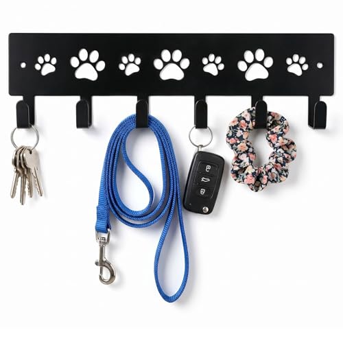 Dog Leash and Key Holder Wall Mount with 6 Hooks - Decorative Paw Print