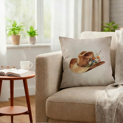 Floral Western Cowboy Hat Pillow Cover 18x18 - Cozy Decor