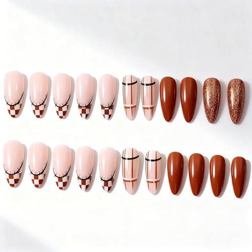 Fall Press On Nails Medium Almond Thanksgiving Pumpkin Plaid Acrylic Fake Nails