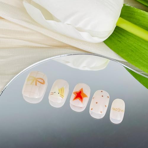 Short Round Press On Nails Creamy White Glossy Bow Star Fake Nails Kit