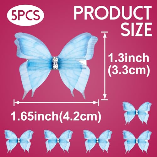 SmallCat 5pcs Gradient Blue Butterfly Hair Barrettes with Rhinestone Organza