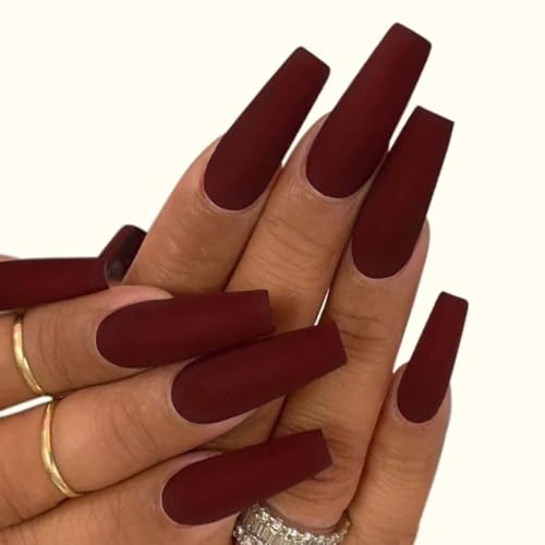 ANDGING Matte Red Long Coffin Press on Nails Acrylic False Nails