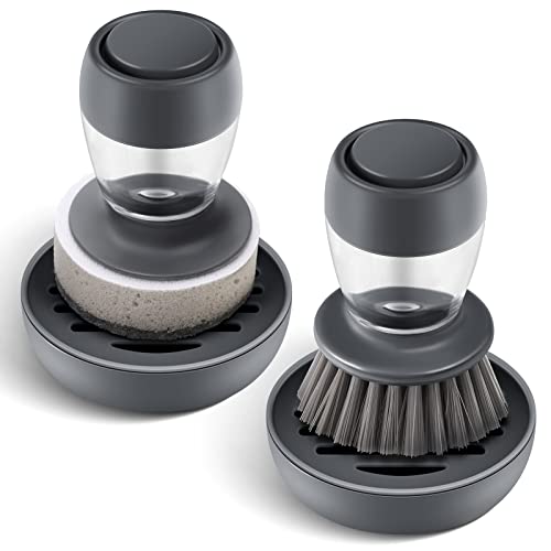 SUBEKYU Soap Dispensing Dish Brush Set with Draining Tray - Grey, 2-Pack