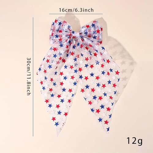 Patriotic 4th of July Hair Bow Clip - Red White Blue Star Tulle Barrette