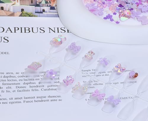 3D Nail Charms Resin Art Gems Multi Shapes Butterfly Flower Bow Purple 100Pcs