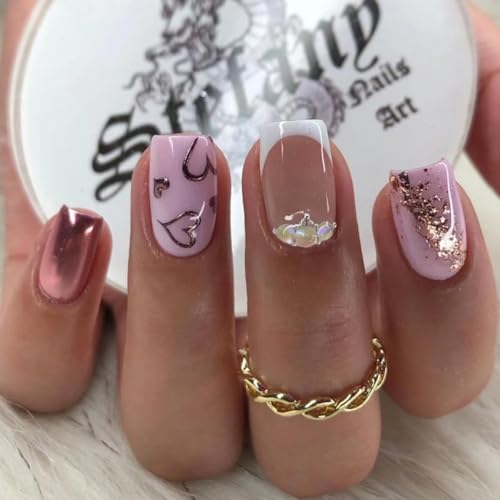 Purple Press on Nails Medium Square Kawaii Fake Nails with Heart Designs
