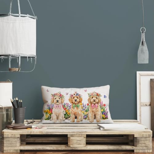 Golden Dog Decorative Pillow Cover 12x20 Inch with Floral Design