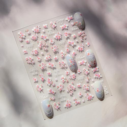 5D Embossed Cherry Blossom Nail Stickers Pink Floral Self-Adhesive Decals