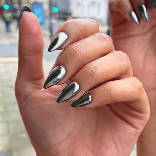 SXVME Black Chrome Medium Almond Press On Nails Metallic Glue On