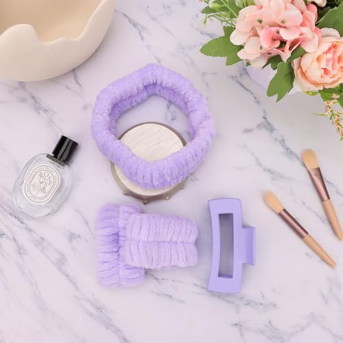 Purple Spa Headband and Wristbands Set for Face Washing