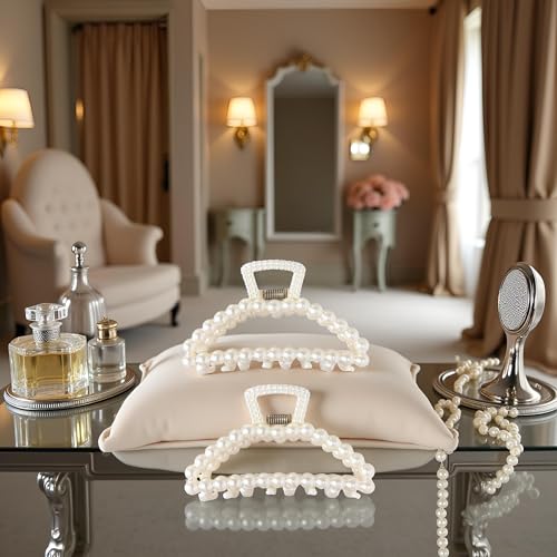 Zhuluck 2-Pack Large White Faux Pearl Hair Claw Clips for Thick Hair
