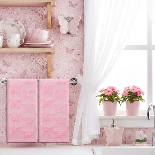 Light Pink Butterfly Hand Towels - 100% Cotton, 2 Pack