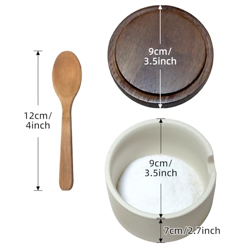 Handmade Ceramic Salt Cellar with Acacia Wood Lid & Spoon - 3.5"