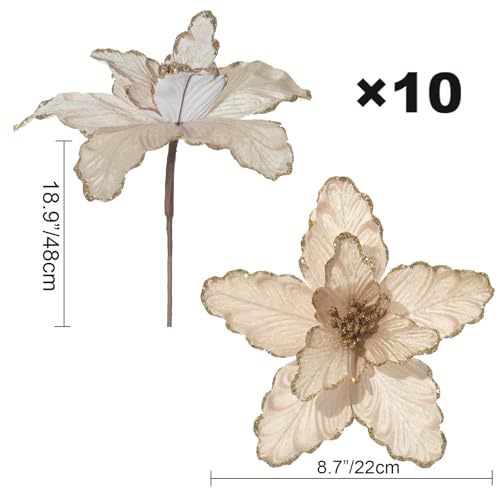 Champagne Poinsettia Christmas Flower Picks Set - Glitter Silk Decorations