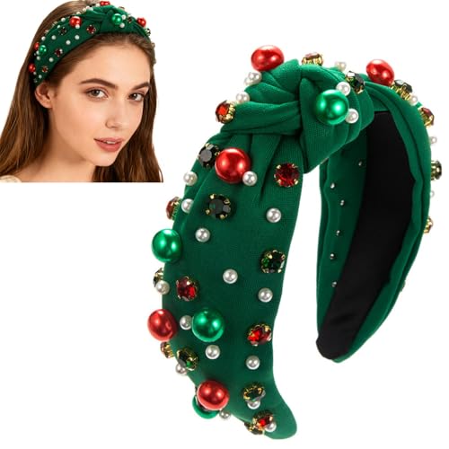 Christmas Knotted Headband with Pearls and Jeweled Bow for Women and Girls