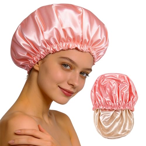 Confvrter Satin Lined Shower Cap Waterproof for Curly Hair Peach Pink