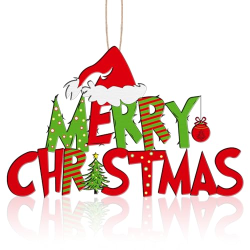 Christmas Front Door Sign Merry Christmas Wood Hanging Decor Red Green Holiday Wall Sign