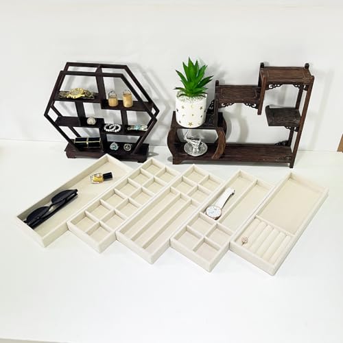 Divided Velvet Jewelry Organizer Tray - Beige Storage for Rings, Necklaces, and More