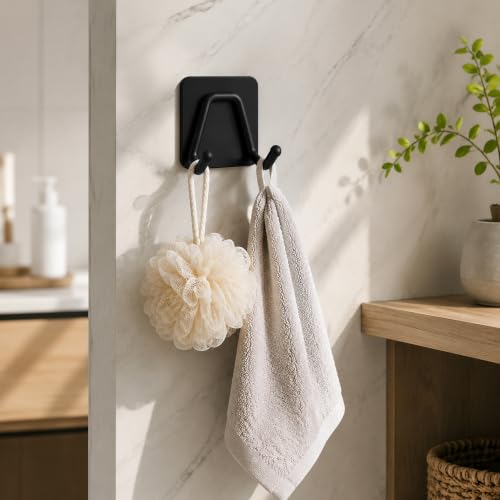 Heavy Duty Self-Adhesive Wall Hooks - 4 Pack Double Coat Hooks for Bathroom Kitchen Bedroom