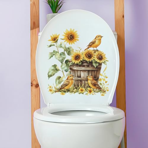 Sunflower and Bird Toilet Lid Sticker Decal - Waterproof Bathroom Decor