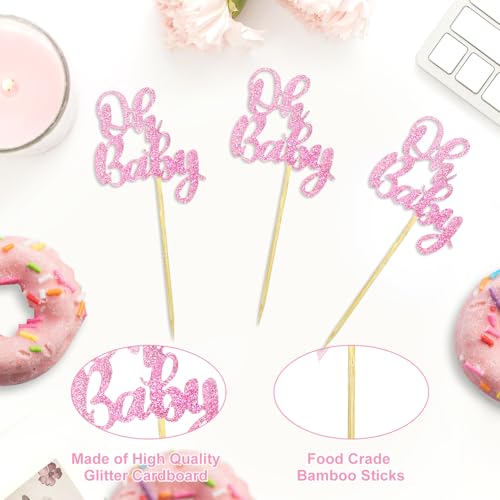 36 Pink Glitter Baby Shower Cupcake Toppers - Pre-Assembled Picks for Parties