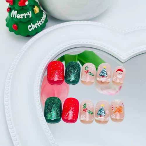 Christmas Press On Nails Short Square Fake Nails Winter Holiday Acrylic Nail Set
