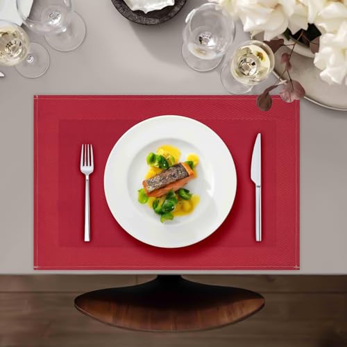 Red Placemats Set of 4 - 12x18 Inch Faux Linen Table Mats - Carethos