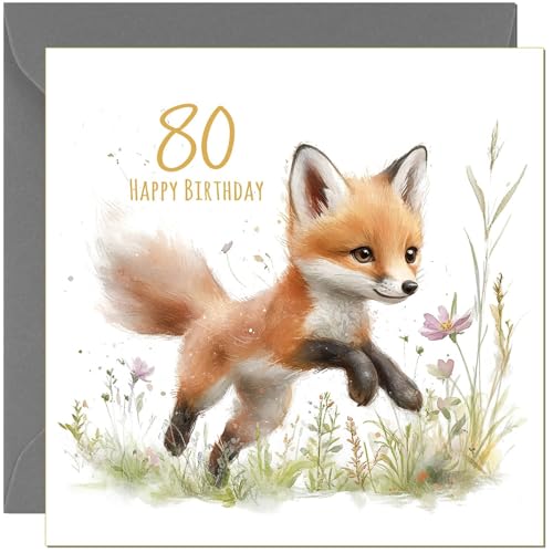 80th Birthday Card Watercolor Fox Cute Eco-Friendly Greeting Card