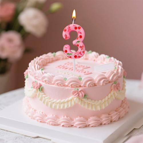 BOXOB Cherry Birthday Number 3 Candle Sweet Pink Cake Topper