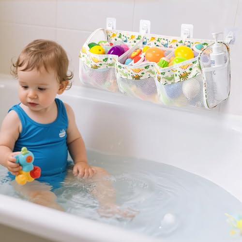 Dinosaur Bath Toy Organizer - 3 Compartment Storage with Hooks