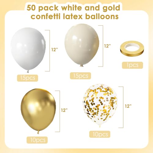 50 Pcs Sand White & Gold Confetti Balloons for Parties