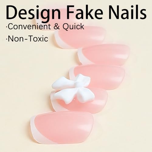 White French Tip Press on Nails Short Square False Nails with Bow
