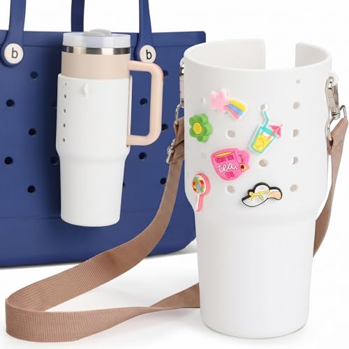 TOYORK Cup Holder for Bogg Bag, White PVC Tumbler Carrier with Shoulder Strap