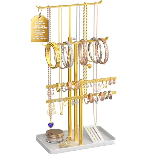 Adjustable Gold Jewelry Tower Stand Organizer for Women - Elegant Display with Necklace, Earring & Bracelet Holders