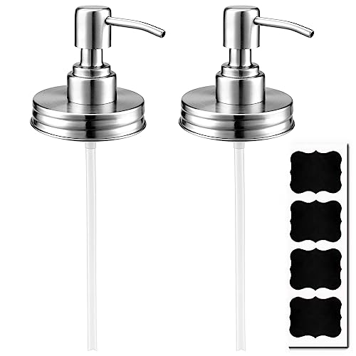 2-Pack Mason Jar Soap Dispenser Pumps with Labels - Silver