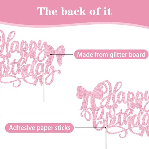 Happy Birthday Cake Topper with Elegant Pink Bow - Glitter Decoration