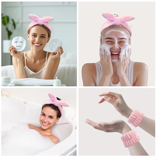 JYOUX 3PCS Fluffy Bow Spa Headband and Absorbent Wrist Strap Set