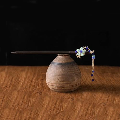 Blue Wooden Hair Stick Vintage Tassel Floral Hairpin for Hanfu