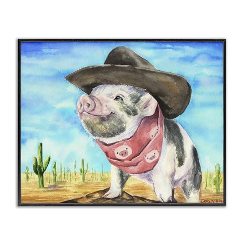 Stupell Industries Funny Wild West Fashion Baby Pig Blue Watercolor Painting Black Framed Wall Art, 11x14, Multicolor