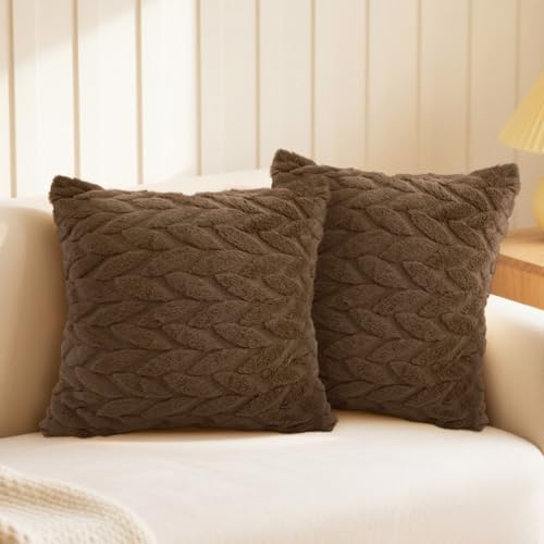 Brown Faux Fur Throw Pillow Covers 18x18 Inch, Set of 2 Embroidered Leaf