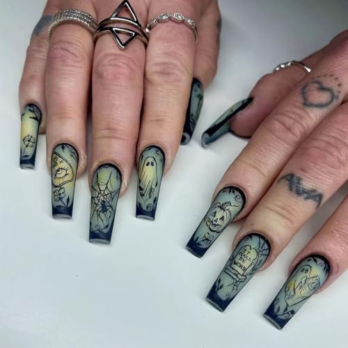 Halloween Press On Nails Long Square Matte Black Fake Nails Set