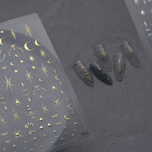 POWPOP 3D Gold Star & Moon Nail Art Stickers Laser Bronzing Decals