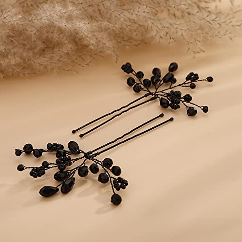 Teyglen Black Crystal Bridal Hair Pins Set of 2 Wedding Rhinestone Hair Pieces