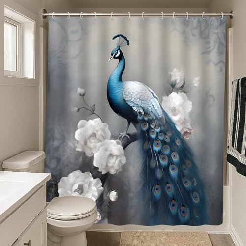 Peacock Shower Curtain 70" x 70" - Blue Bird Design for Bathroom