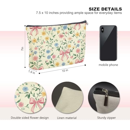 Coquette Floral Makeup Bag Pastel Pink Bow Cosmetic Pouch