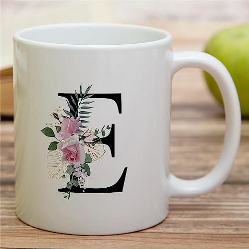 Initial E Monogram Mug - Floral Botanical Alphabet 11 Oz Ceramic Tea Coffee Cup - White Variation