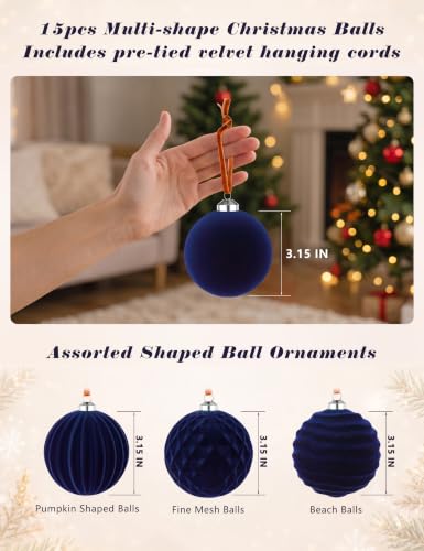 Minetom Navy Blue Christmas Ornaments Set - 15 Pcs, 3.15 Inch Velvet Decorations, Variation of Blue / 3.15 Inch