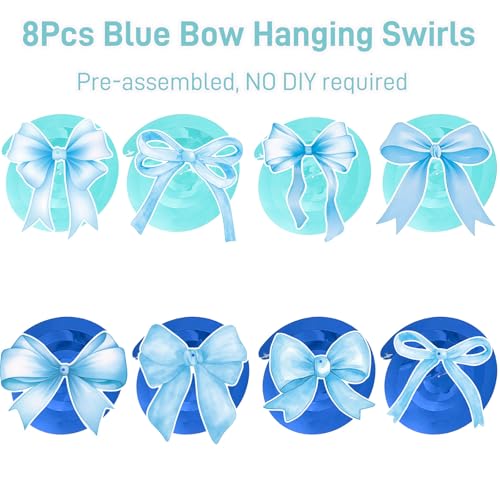 Blue Bow Birthday Party Decoration Set with Banner and Hanging Swirls