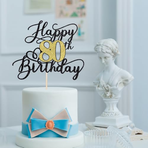80th Birthday Cake Topper - Black Gold Glitter Decoration